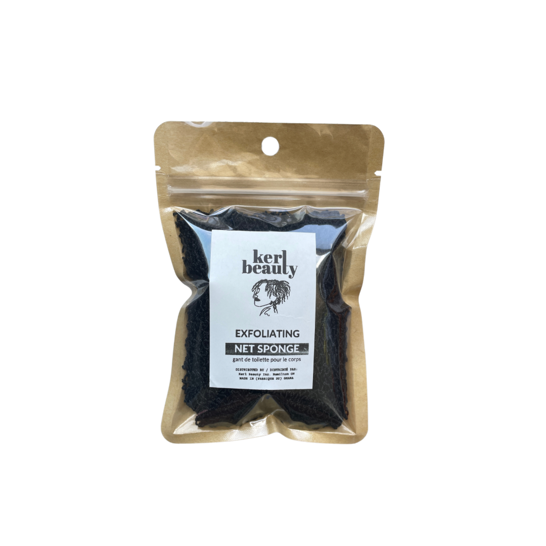 Kerl Beauty exfoliating net sponge in a clear package.