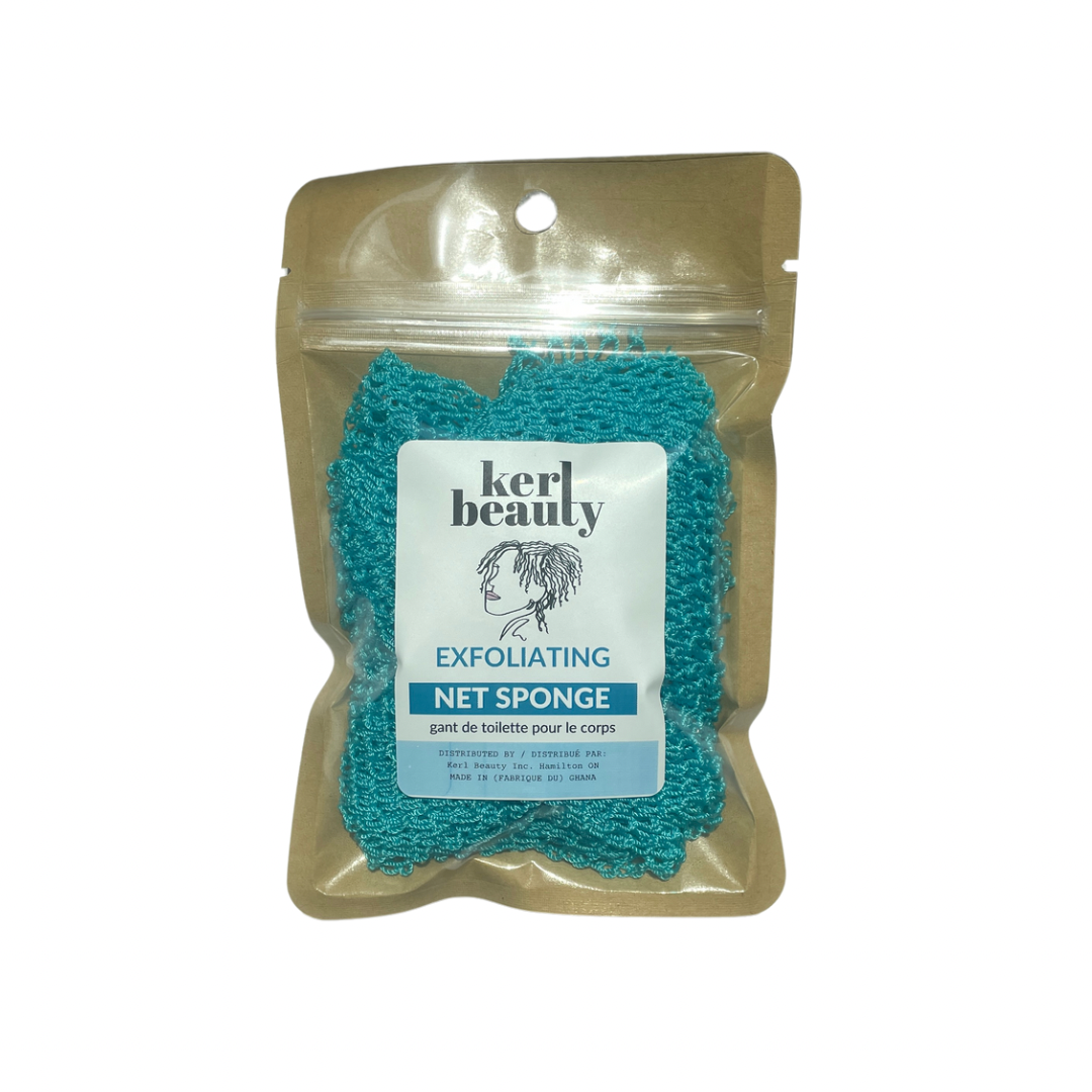 Kerl Beauty exfoliating net sponge in clear packaging on a white background