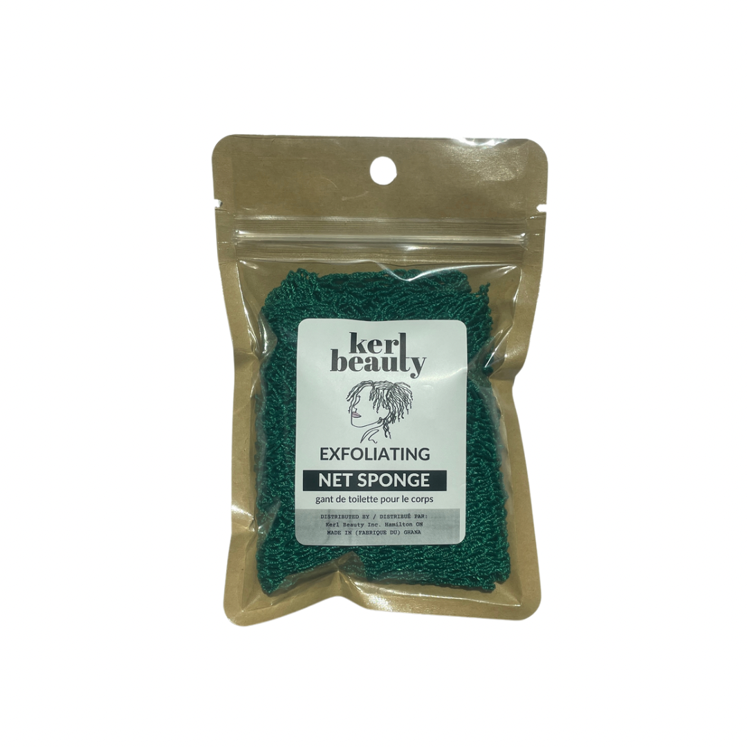 Exfoliating net sponge in a clear plastic bag with a visible Kerl Beauty brand label on a white background