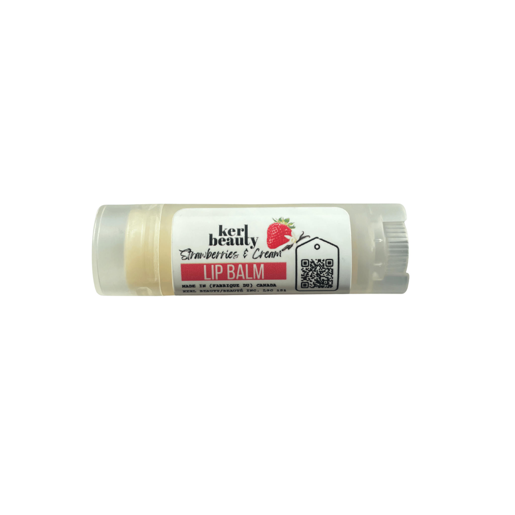 A tube of Kerl Beauty Strawberries & Cream lip balm, showing the cream inside through a clear cap, on a solid white background.