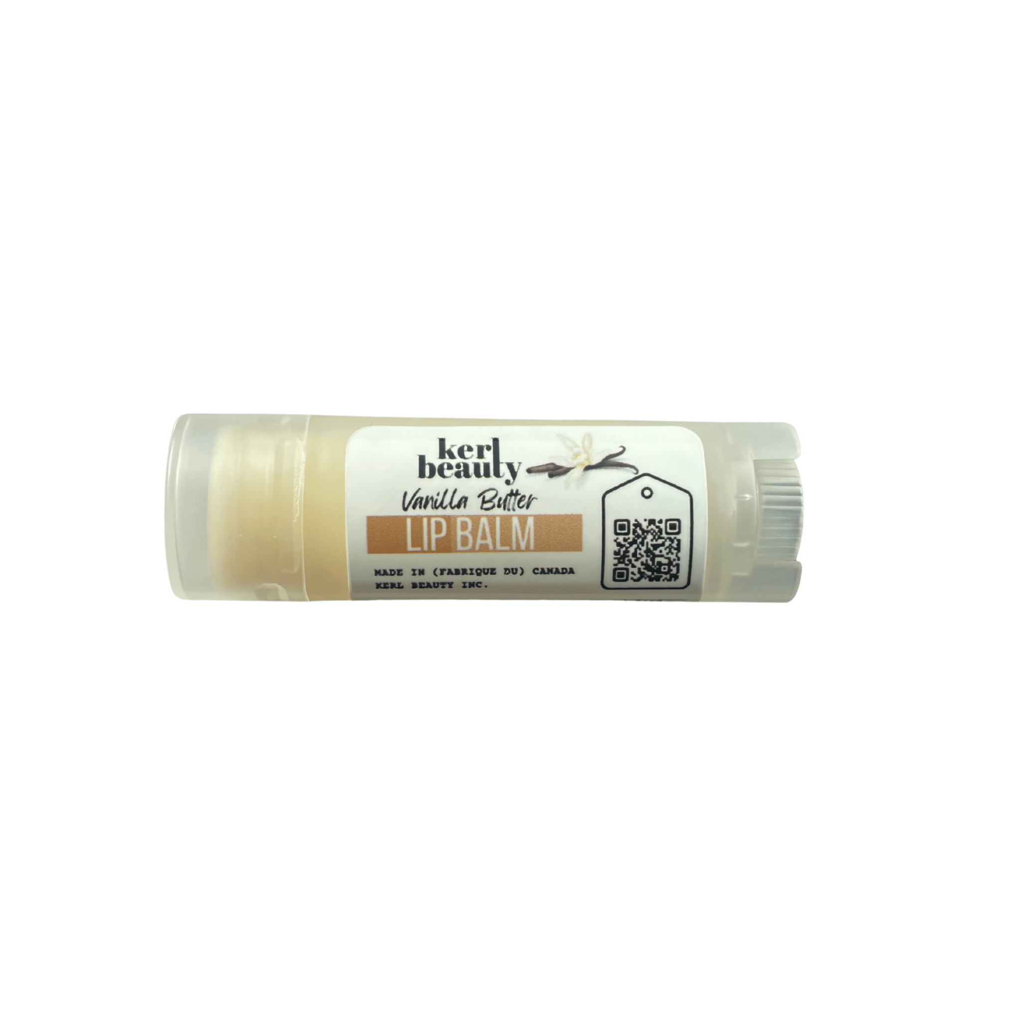 A tube of Kerl Beauty Vanilla Butter Lip Balm, showing the beige balm inside a clear plastic case with a white label, set against a plain white background.