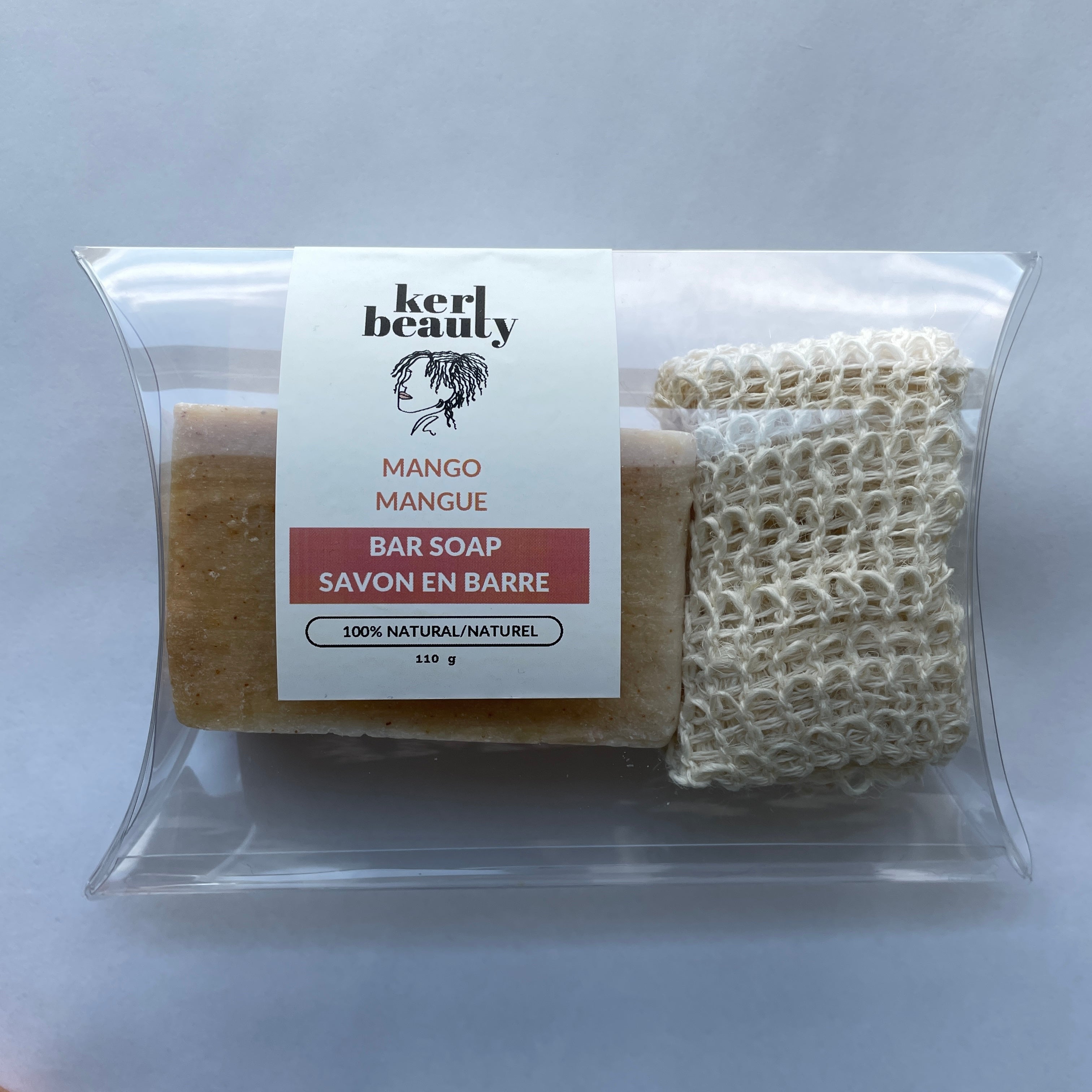 Savon en barre à la mangue et sac de luffa en coton