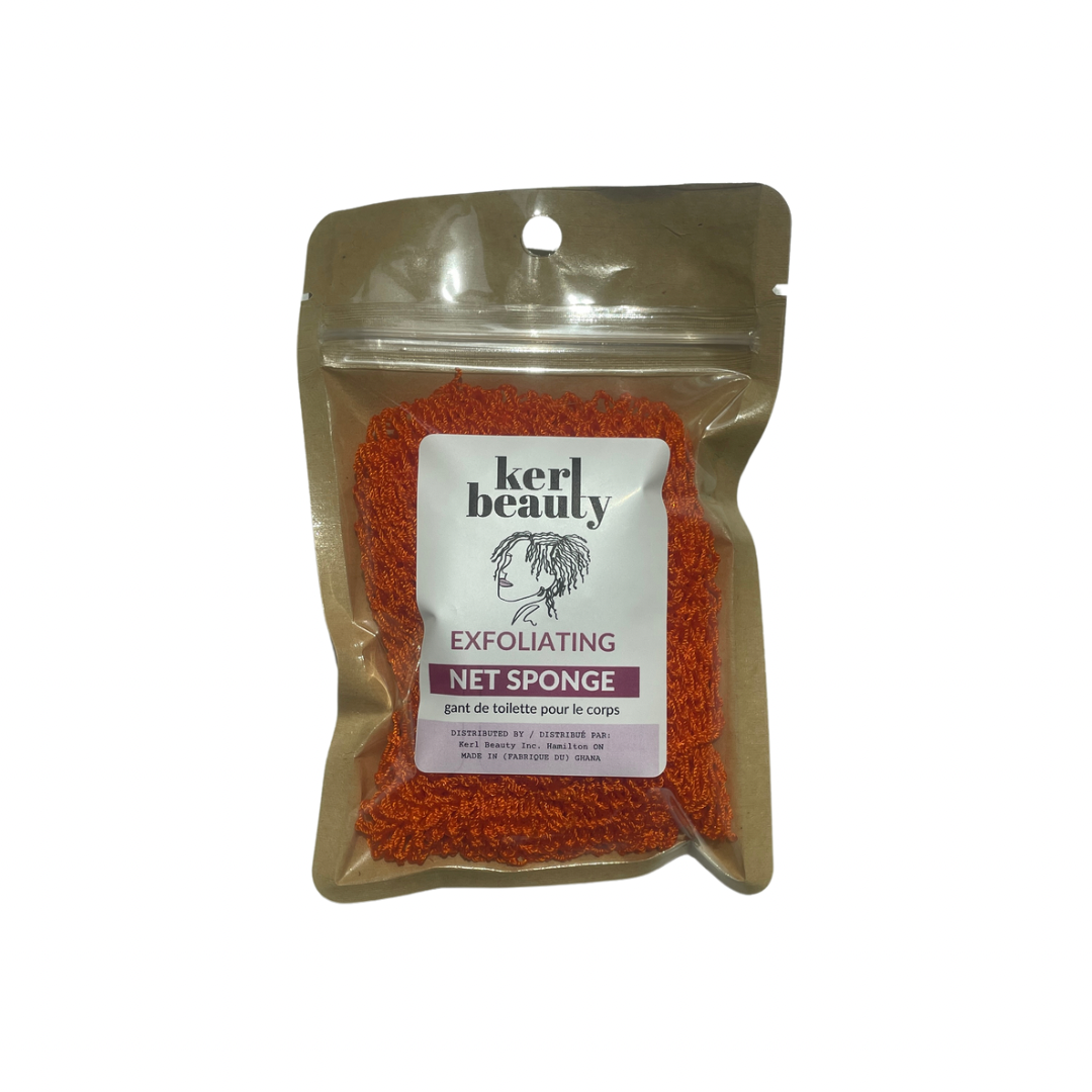 Exfoliating net sponge in a clear packaging with 'kerl beauty' branding on a white background.