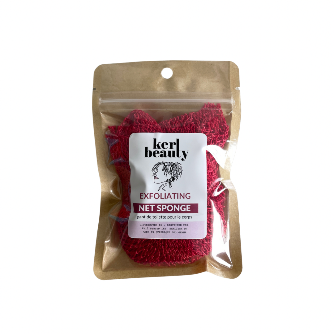 Red exfoliating net sponge in a clear package with 'kerl beauty' branding on a white background.