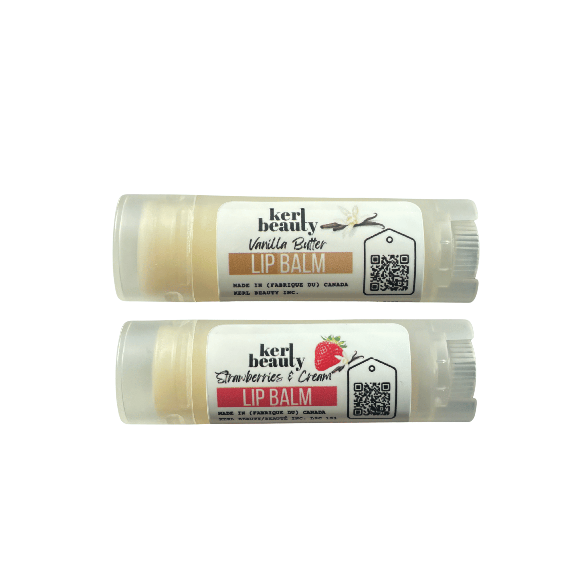 Two lip balm tubes from kerl beauty stacked vertically on a plain white background. The top tube is labeled Vanilla Butter, and the bottom tube is labeled Strawberry Cream.