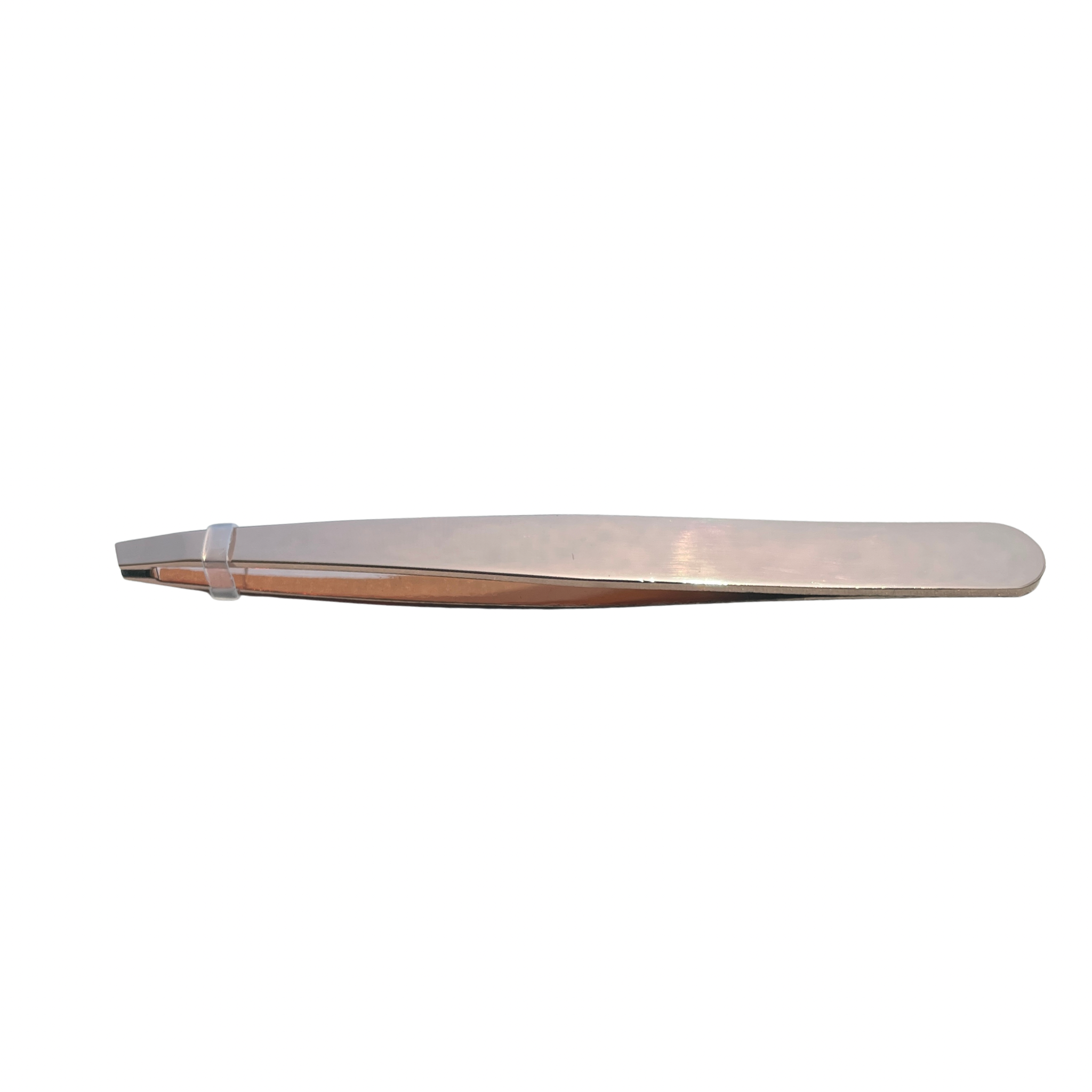 A single metallic rose gold stainless steel tweezer beauty tool, shown horizontally against a plain white background.